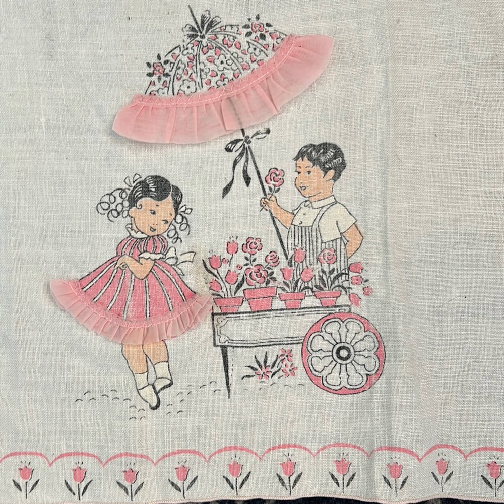 Vintage 1950s Pink Ivory and Black Embellished Tea Towel